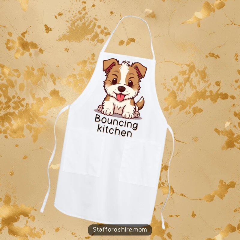 Funny Kawaii Staffordshire dog apron showing an energetic pup with a bouncing head, ready to help in a fun, humorous way.