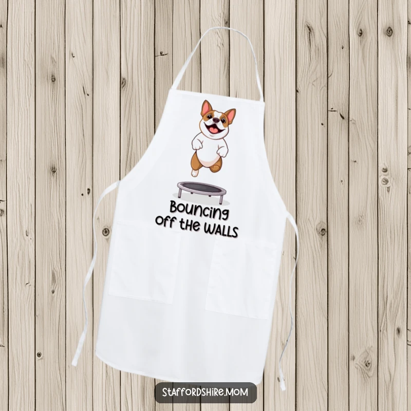 Funny Staffy apron displaying a Staffordshire Bull Terrier gleefully jumping on a trampoline while cooking.