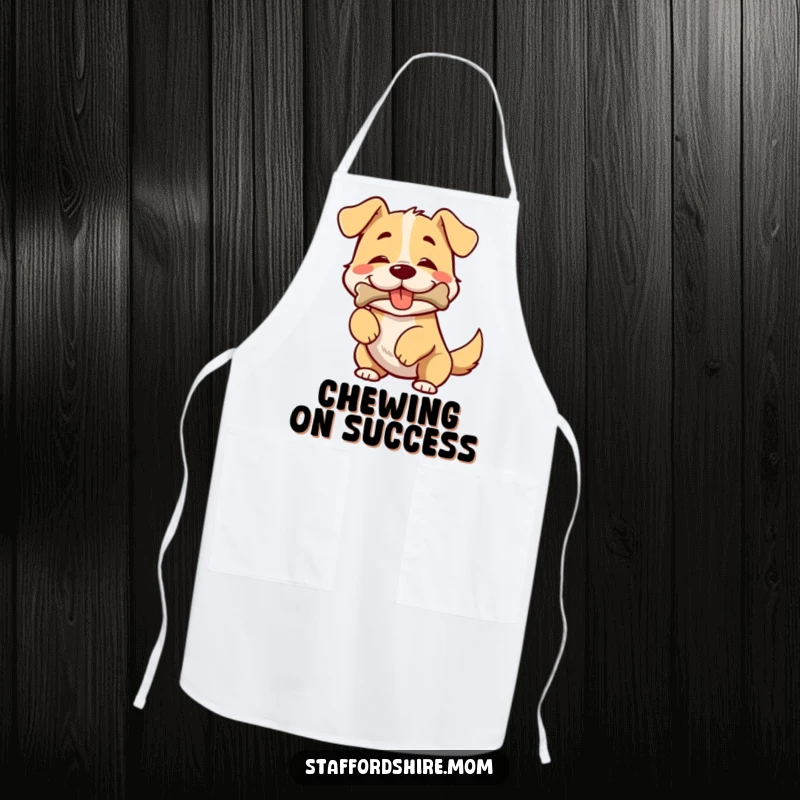 Funny apron showing a broad-chested dog wiggling happily with a bone in its mouth, ready to cook.