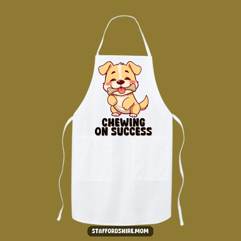Funny Dog Apron: Broad-chested pup wiggles with bone, kitchen humor for chefs, perfect gift.
