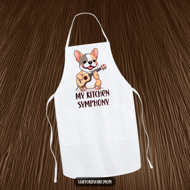 Funny Staffordshire Bull Terrier apron showing a dog rocking out on a tiny instrument, perfect for a culinary artist.