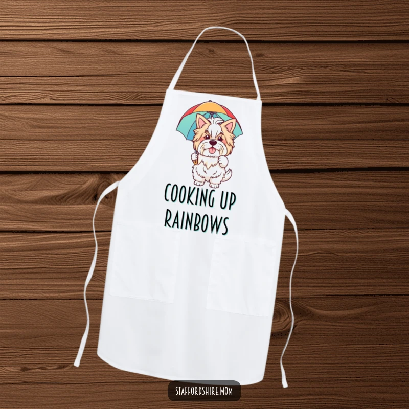 Funny apron depicting a friendly Staffordshire dog waving hello and holding a vibrant rainbow umbrella, perfect for adding fun to the kitchen.