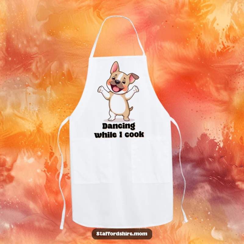 Funny Staffordshire terrier apron, a dog happily jigging with paws lifted, ideal for cooking and as a funny gift.