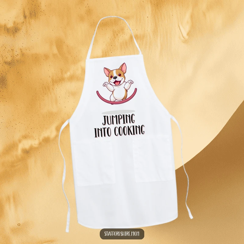 Funny Staffordshire Bull Terrier apron illustrating a dog executing a hoop jump, perfect for kitchen antics and dog lovers.