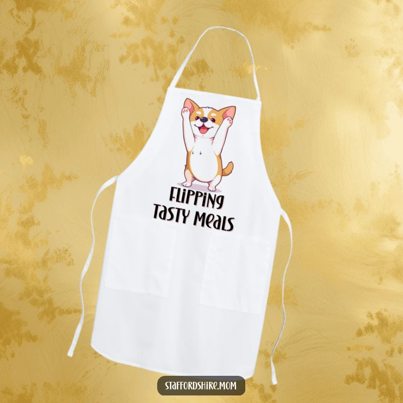 Funny Kawaii Staffordshire dog apron showing a happy pup mid-somersault, bringing playful energy and humor to the kitchen environment.