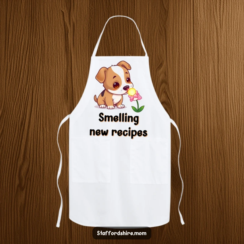 Funny curious Staffordshire dog apron, sniffing a glowing flower, whimsical and practical kitchen wear.