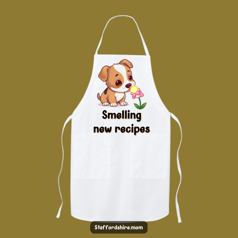 Funny Curious Staffy Apron, Enchanted Dog Flower Kitchen Wear, Whimsical Chef Gift