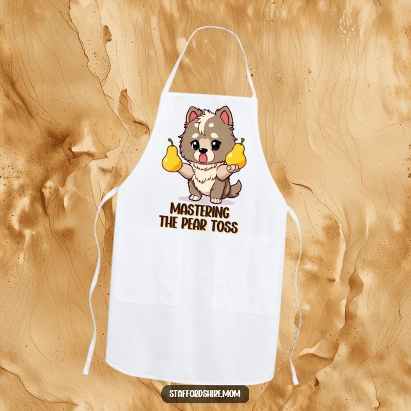 Funny Staffy apron showing a determined dog juggling glowing pears, perfect for cooks who appreciate focus.