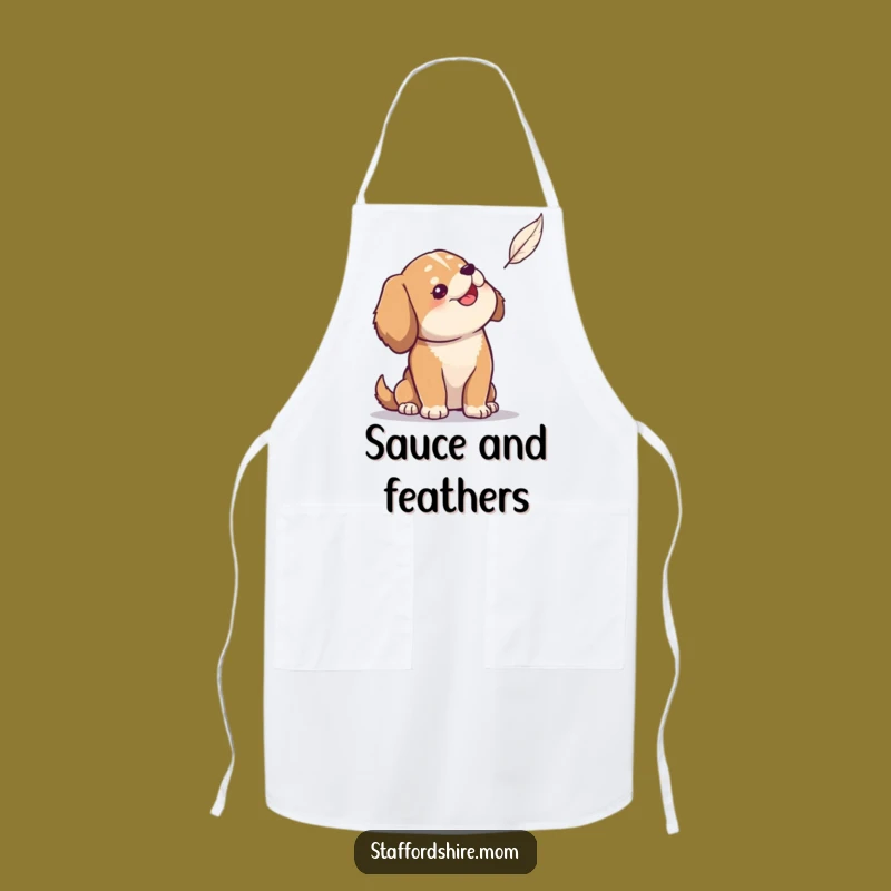 Funny Dog Apron: Solid build dog amused by feather, kitchen humor, unique gift.