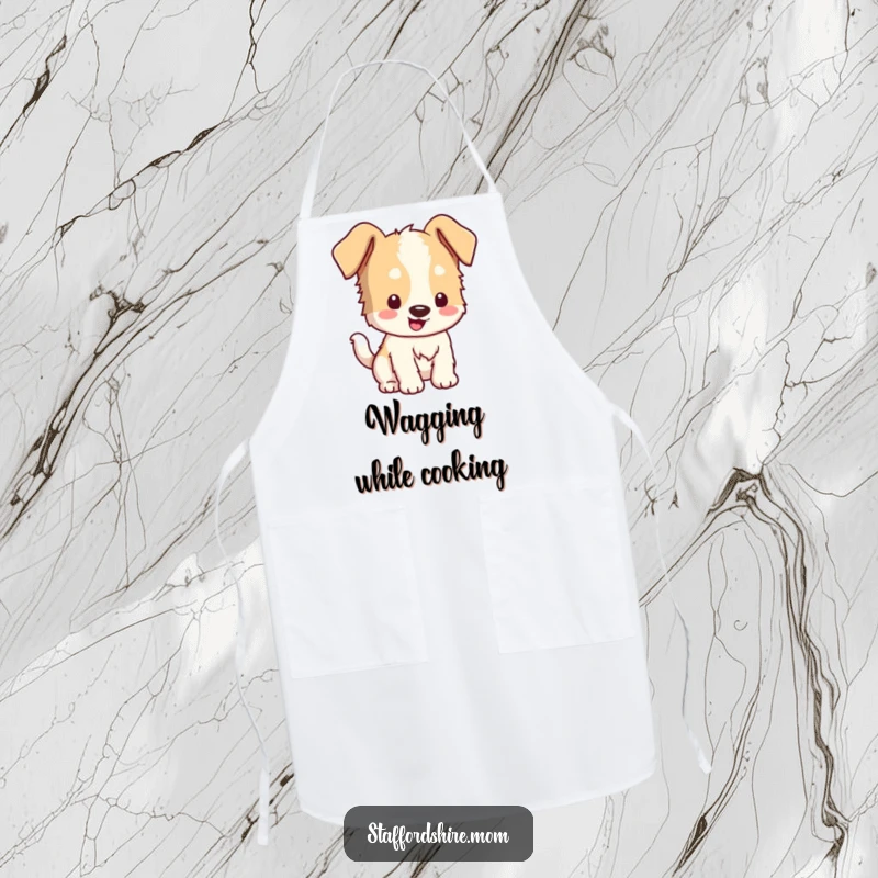 Funny Kawaii Staffordshire Apron: Features a happy dog with floppy ears wagging its tail, ready for kitchen fun.
