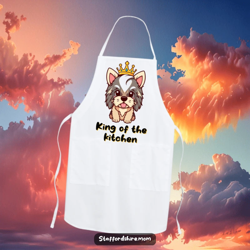 Funny Staffy apron showing a proud dog wearing a crown, perfect for cooks who appreciate regal humor.