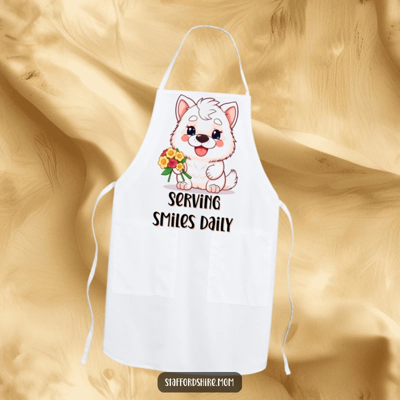 Funny apron featuring a kawaii Staffordshire dog with a happy expression, holding a vibrant bouquet of flowers, ready to add fun to the kitchen.