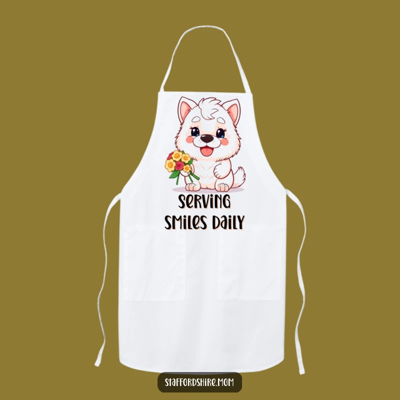 Funny Staffordshire Apron: Kawaii Dog with Flowers, Cooking Gift