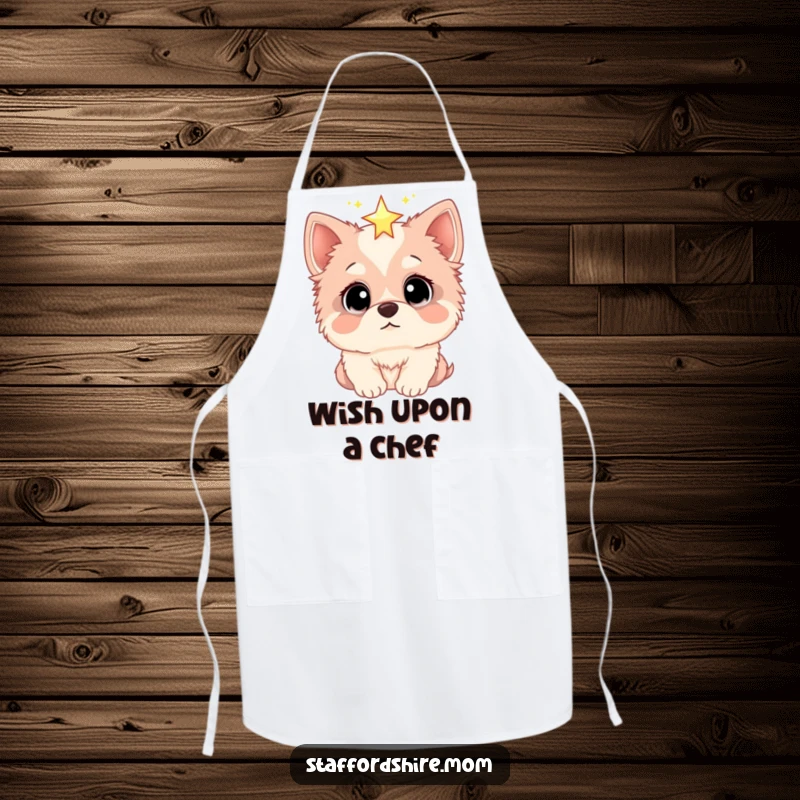 Funny apron depicting a Staffordshire dog with wide, amazed eyes gazing at a sparkling star, adding celestial charm to cooking.