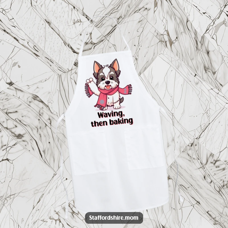 Funny Staffordshire apron showing a dog energetically waving a brightly patterned scarf, perfect for adding zest to cooking.