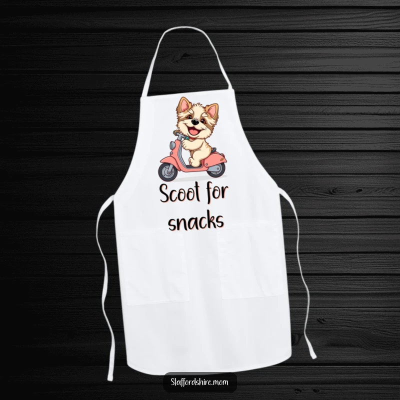 Funny Staffordshire apron, giggling dog, riding scooter, large paws, humorous kitchen wear, chef accessory, excellent funny gift.