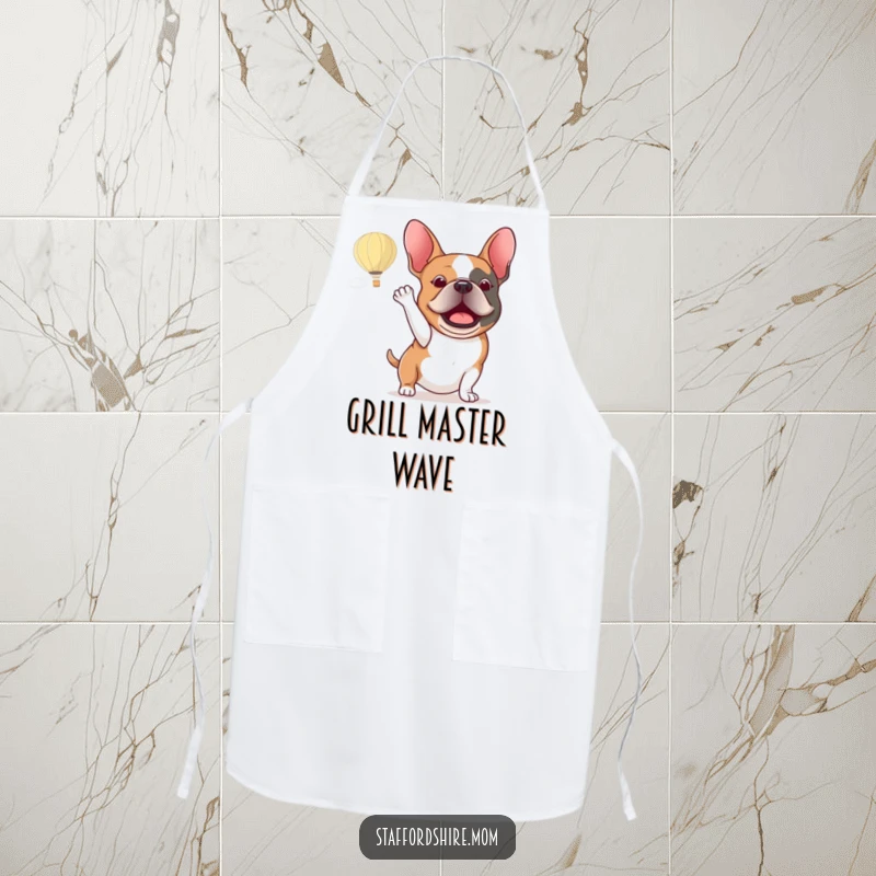 Funny Staffordshire bull terrier apron showing an excited dog energetically waving at a hot air balloon while cooking.