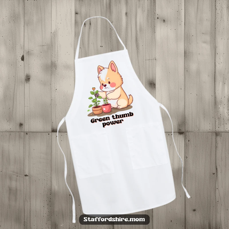 Funny apron showcasing a Staffordshire with rosy cheeks watering a small plant, perfect for garden parties or kitchen adventures.
