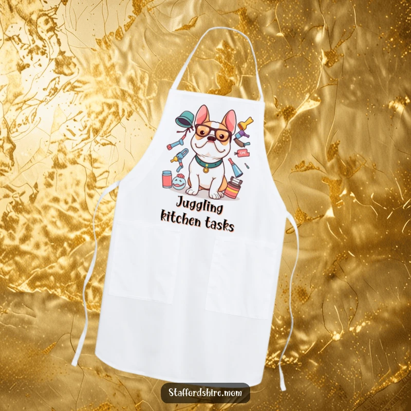 Funny Staffy apron showing a Staffordshire Bull Terrier balancing multiple items, ready for kitchen duty.