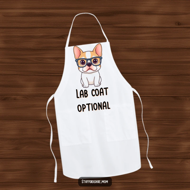 Funny Staffordshire terrier wearing large, curious glasses, a smart and humorous design for this kitchen apron.