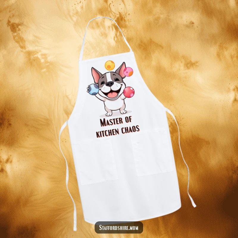 Funny Staffy bull terrier apron depicting a happy dog juggling colorful balls, designed for kitchen fun and protection.