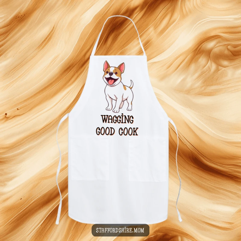 Funny Staffordshire Bull Terrier apron showing a dog's excited tail wiggle, ideal for a chef who loves humor.