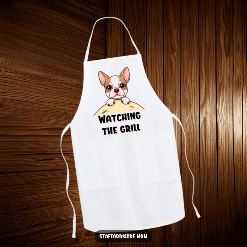Funny Apron with a Staffordshire Terrier peeking over the edge, ready to help in the kitchen with a smile, a chef's companion.