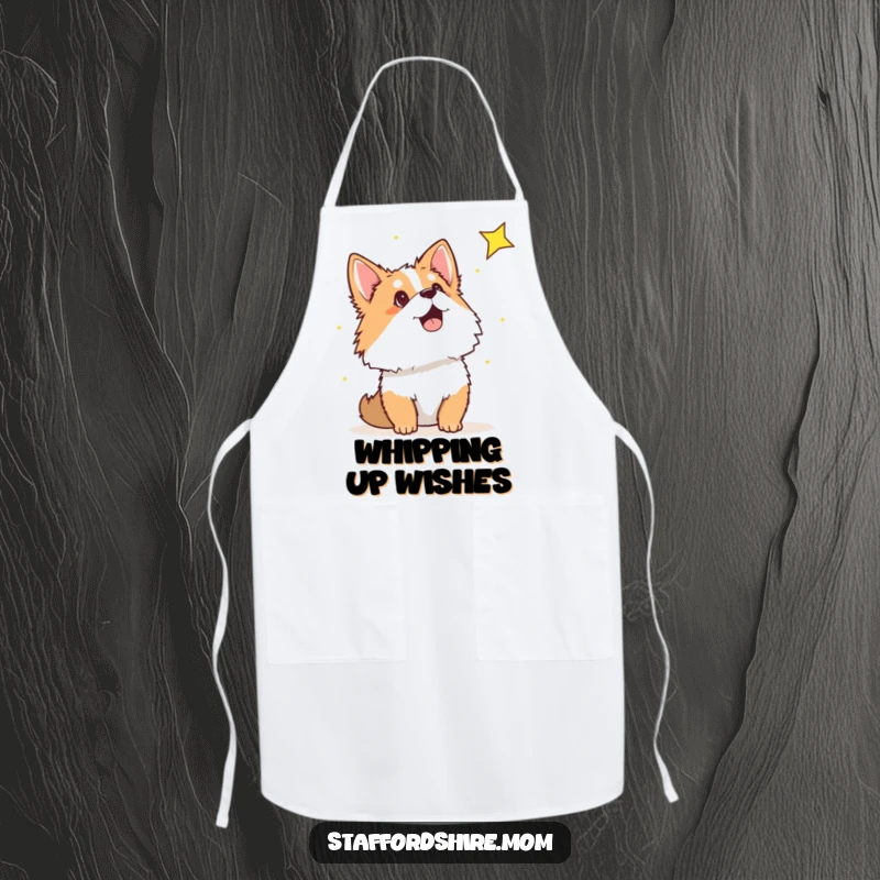 Funny Staffordshire apron with a dog gazing at a shooting star, perfect for culinary magic and a touch of cosmic fun.