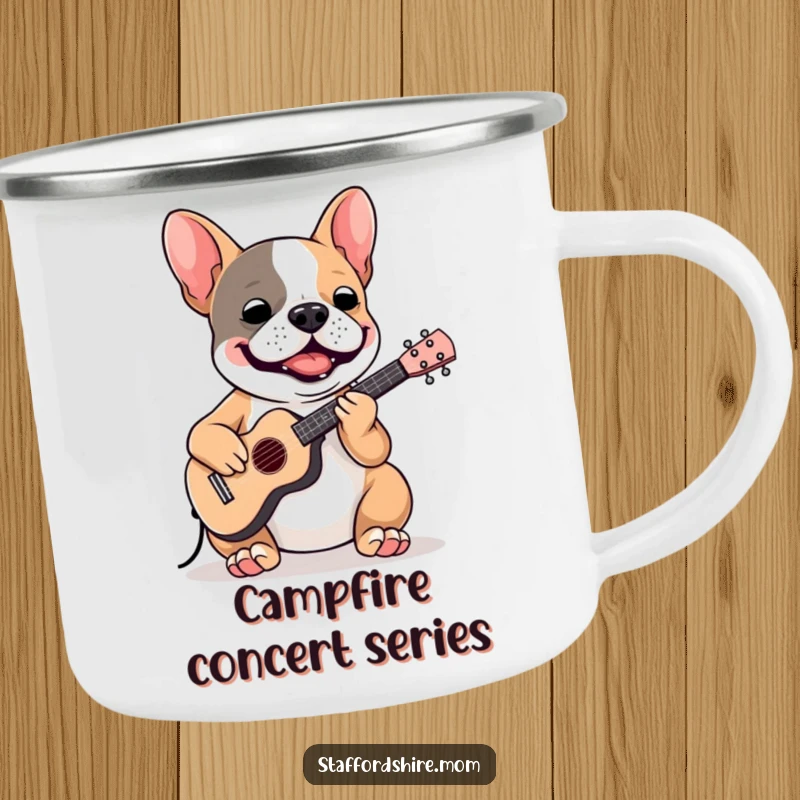 Funny Staffordshire Bull Terrier camping mug showing a dog playing a tiny instrument, perfect for outdoor music lovers.