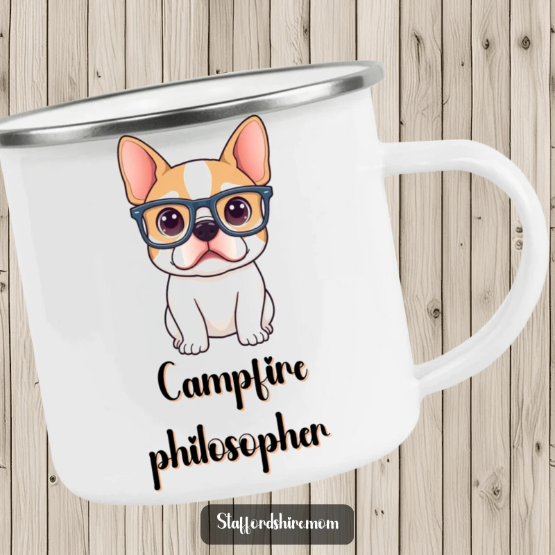 Funny Staffordshire terrier wearing large, curious glasses, a smart and humorous design for this outdoor camping mug.