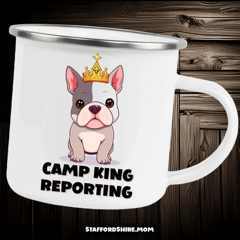 Funny Royal Staffy camping mug with a crowned Staffordshire Bull Terrier posing outdoors.
