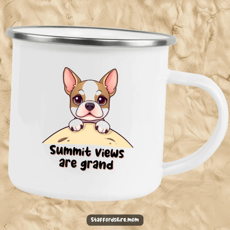 Funny Camping Mug with a cheerful Staffordshire Terrier peeking over the rim, ready for any adventure, durable and fun.