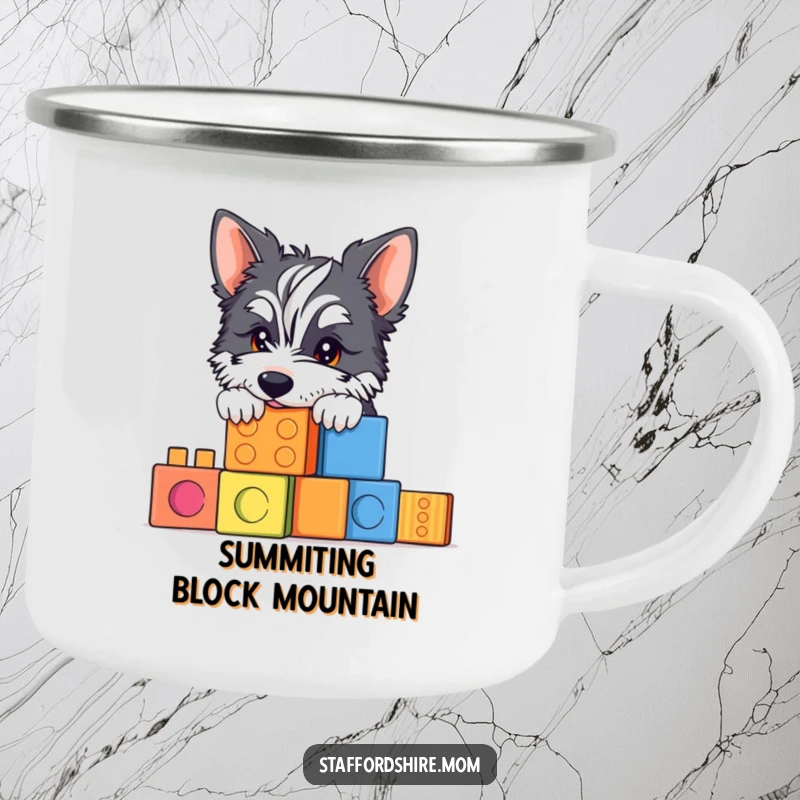 Funny Staffy camping mug showing a dog peeking over blocks, durable and perfect for outdoor fun.