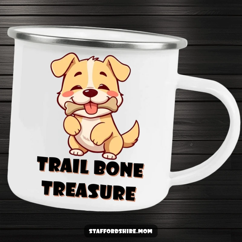 Funny camping mug showing a broad-chested dog wiggling happily outdoors, a bone in its mouth.