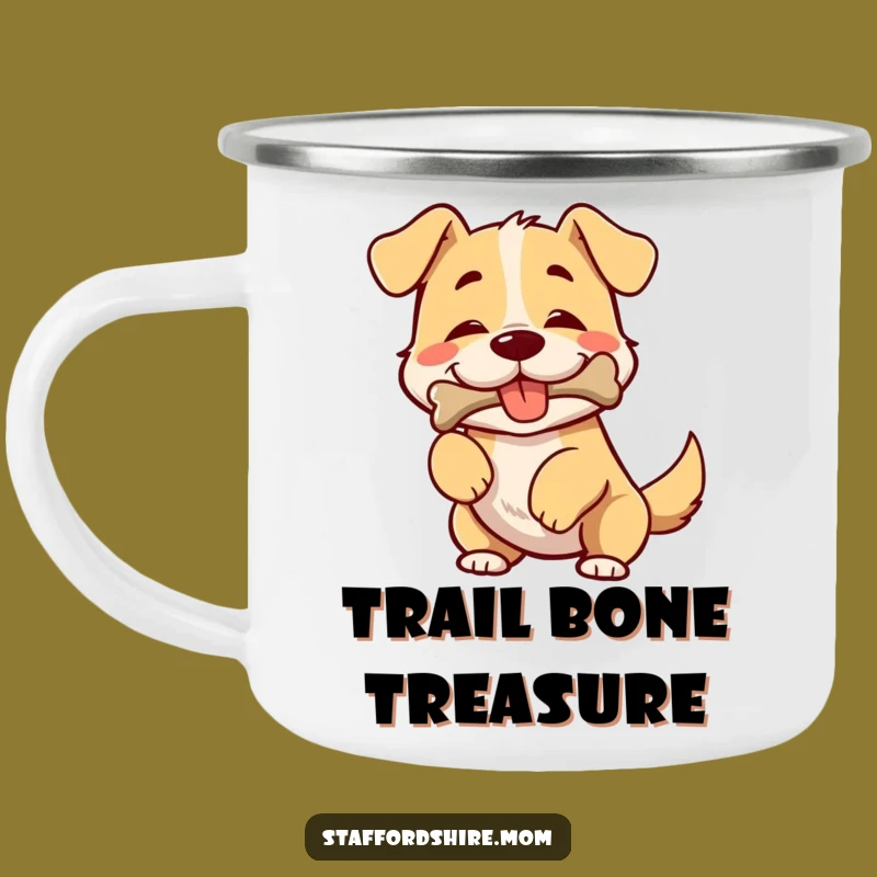 Funny Dog Camping Mug: Broad-chested pup wiggles w/ bone, outdoor humor, perfect gift.