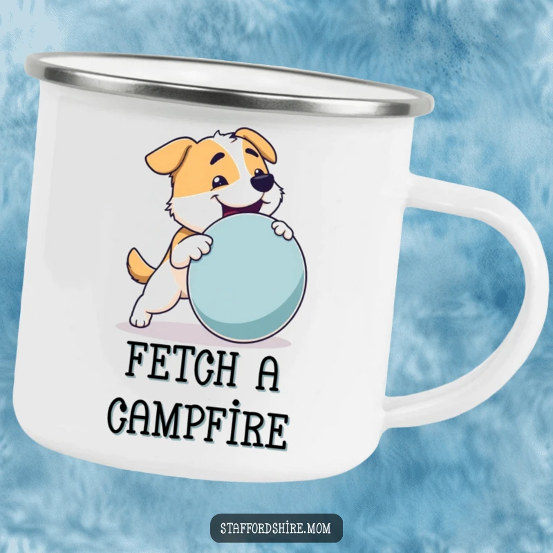Funny Dog Camping Mug: A sturdy dog with a strong build joyfully fetching a large toy, ready for outdoor fun.