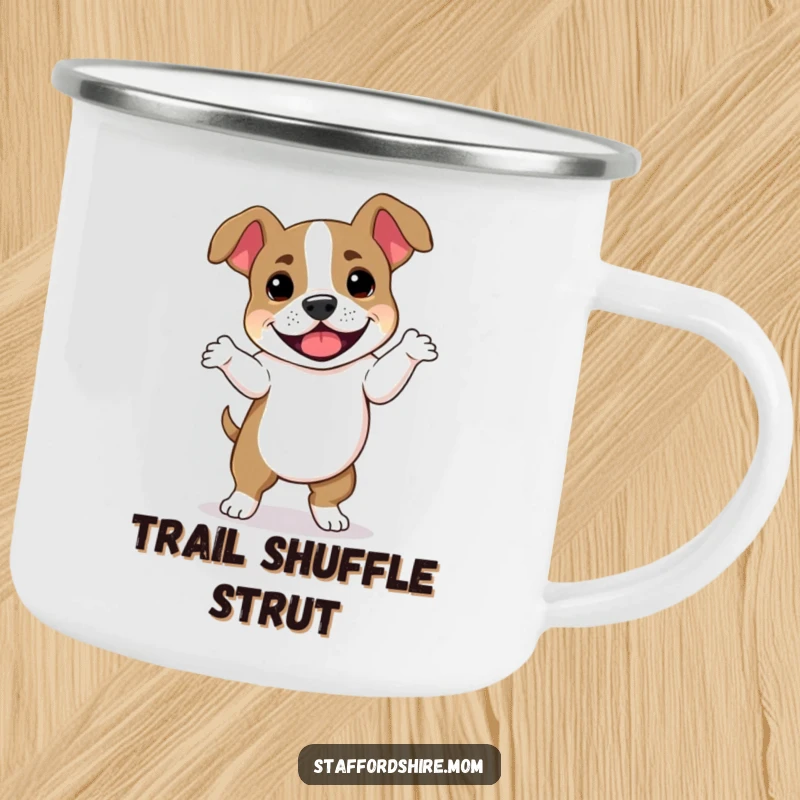 Funny Staffordshire Bull Terrier camping mug showcasing a dog dancing with floppy ears, ideal for enjoying drinks outdoors with a humorous touch.