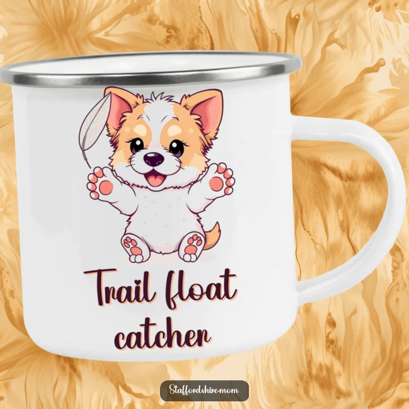 Funny Staffordshire Feather Camping Mug: A durable mug featuring a dog with paws outstretched catching a floating feather, perfect for serene outdoor moments.