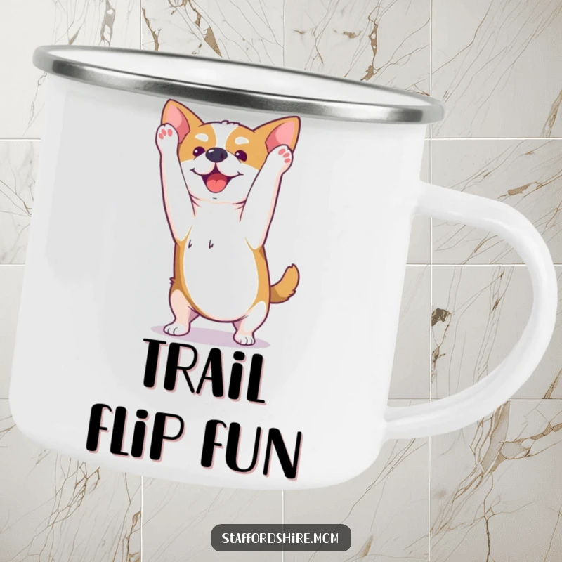 Funny Kawaii Staffordshire dog camping mug featuring a happy pup performing a playful somersault, ready for outdoor enjoyment and warm drinks.