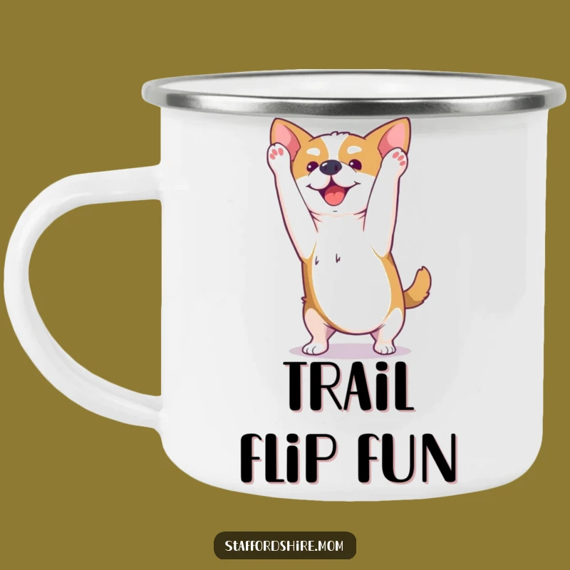 Funny Kawaii Staffy Camping Mug - Playful Somesault Adventure