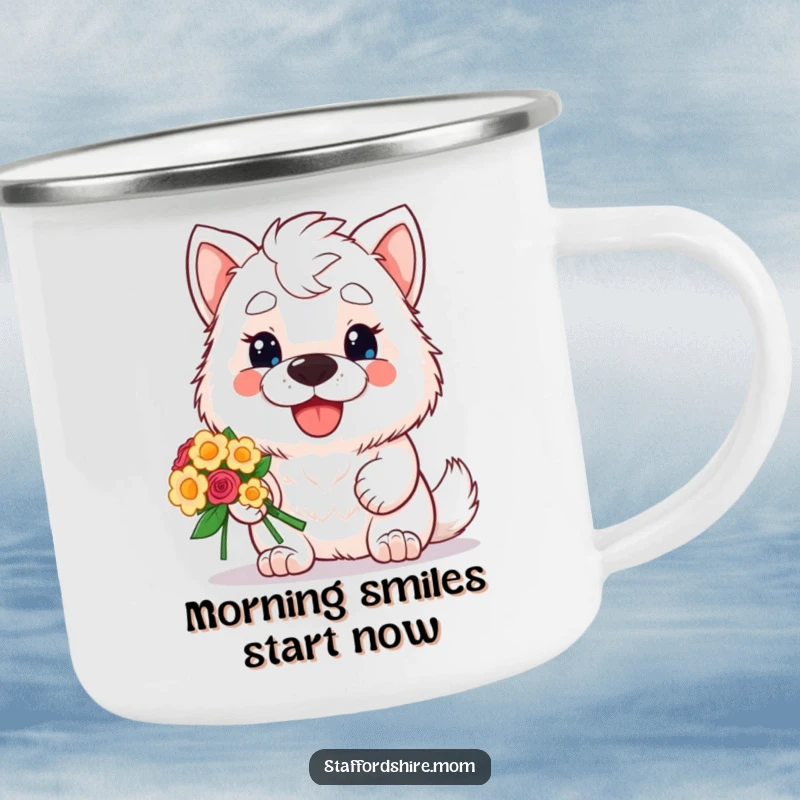 Funny camping mug featuring a kawaii Staffordshire dog with a bright smile, holding a lovely bouquet of flowers, ideal for outdoor enthusiasts.