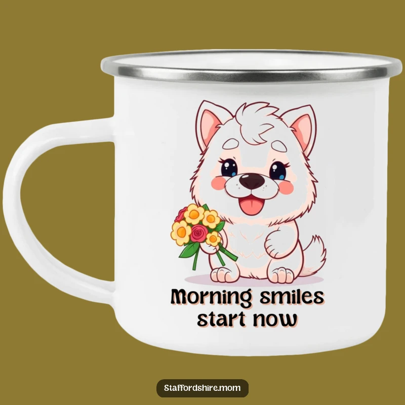 Funny Staffordshire Camping Mug: Kawaii Dog with Flowers, Outdoor Gift