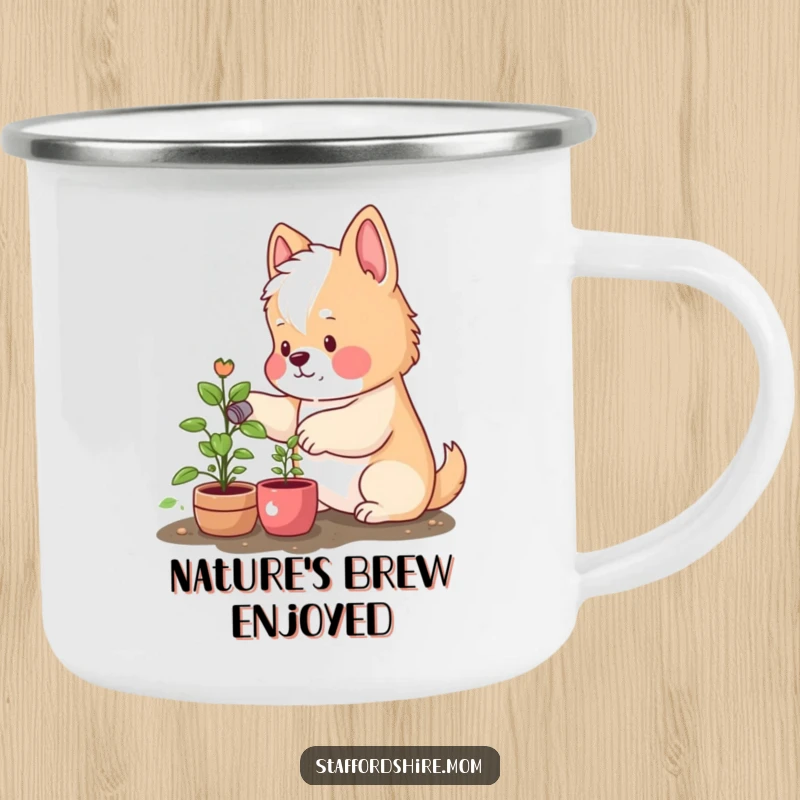 Funny camping mug featuring a Staffordshire with rosy cheeks watering a small plant, perfect for nature lovers and coffee drinkers.