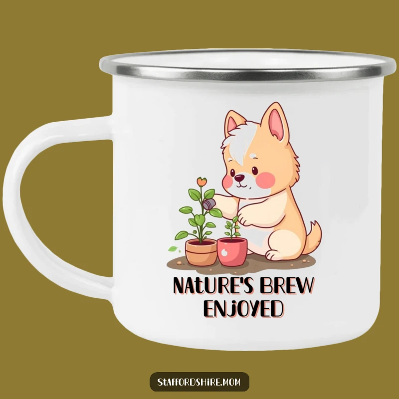 Funny Staffordshire Camping Mug: Rosy Cheeks Watering Plant, Outdoor Gardener Gift