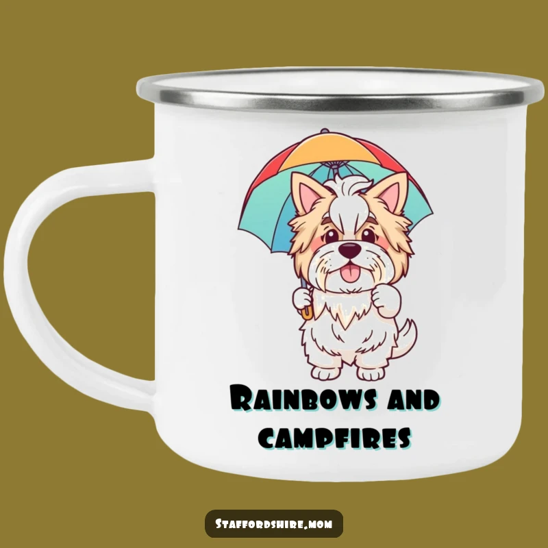 Funny Staffordshire Camping Mug: Wave Friendly, Rainbow Umbrella, Outdoor Gift