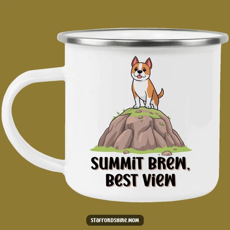 Funny Staffordshire Dog Camping Mug: Brave Hilltop Pup, Rugged Funny Gift for Outdoors