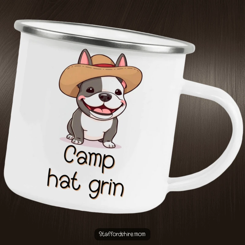 Funny Staffordshire bull terrier camping mug depicting a dog wearing a silly, oversized hat and giggling with pure delight.