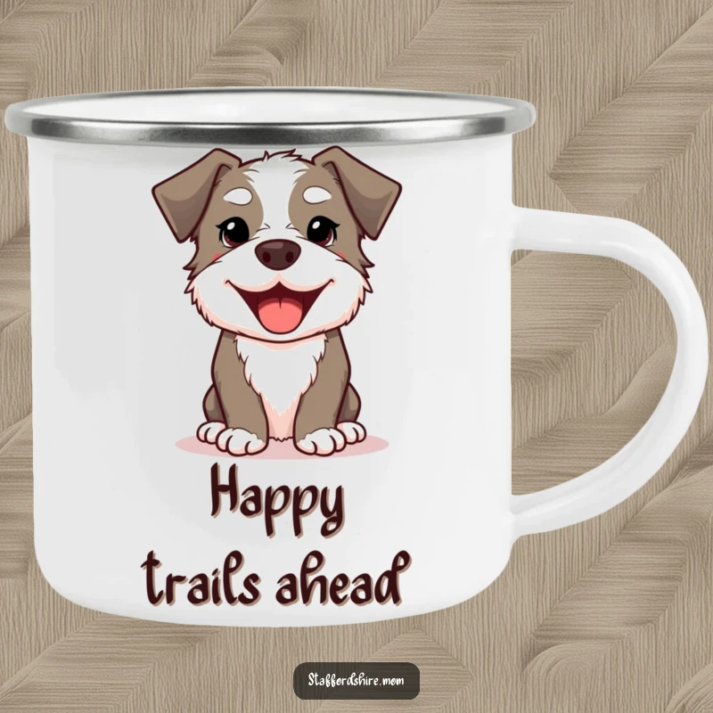 Funny Kawaii Staffordshire Dog Camping Mug featuring a cute, smiling dog with a wide, happy doggy grin, durable and portable.