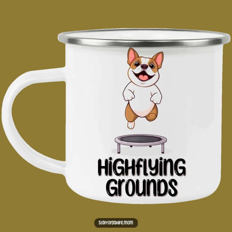 Durable Funny Staffy Trampoline Camping Mug - Adventure Fuel for Dog Lovers