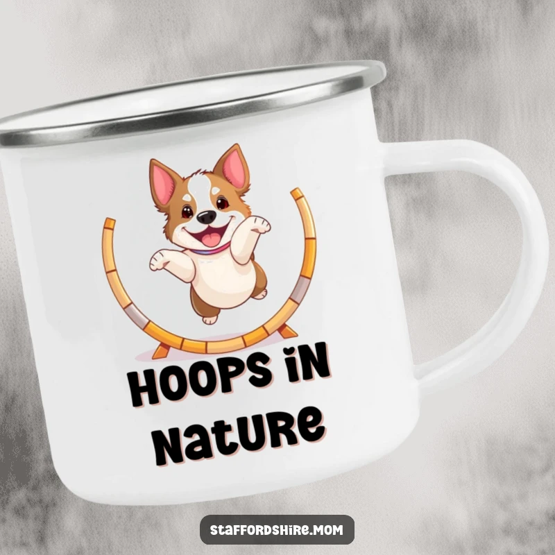 Funny playful Staffordshire dog camping mug, jumping through a hoop, energetic and durable outdoor cup.